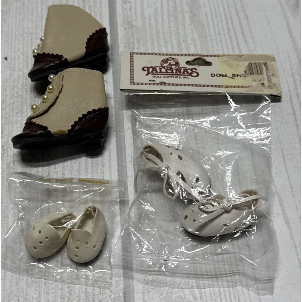 Vintage lot of 3 Doll Shoes Tallina's white with tie and healed brown boots